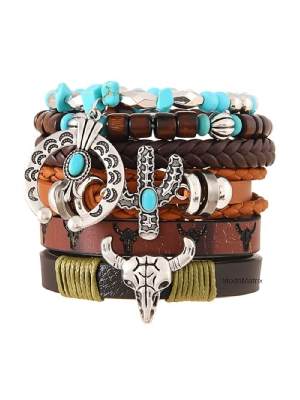 Turquoise Beaded Stretch Bracelet with Cow Head Charm Bohemian Western Jewelry